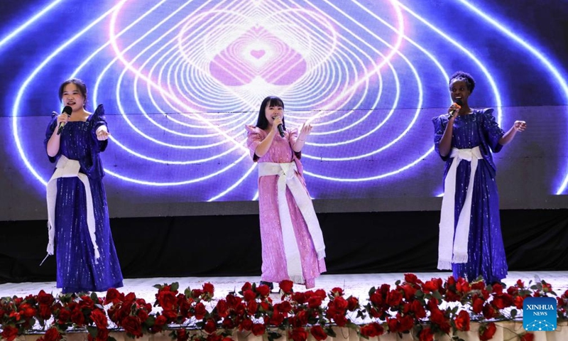 Chinese language teachers perform during the 10th anniversary celebration of Confucius Institute at Makerere University in Kampala, Uganda, on Nov. 25, 2024. (Photo: Xinhua)