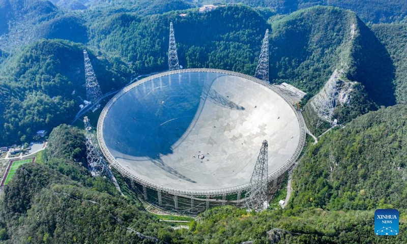 An aerial drone photo taken on Sept. 25, 2024 shows China's Five-hundred-meter Aperture Spherical Radio Telescope (FAST) under maintenance in southwest China's Guizhou Province. (Photo: Xinhua)