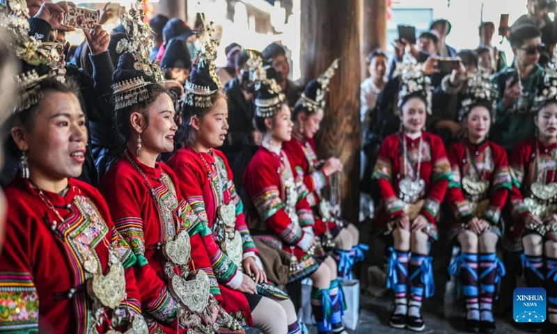 People of Dong ethnic group sing as they celebrate Dongnian festival in Zhaoxing Dong village of Liping County in Qiandongnan Miao and Dong Autonomous Prefecture, southwest China's Guizhou Province, Nov. 29, 2024. Dongnian festival, a traditional festival for harvest and gathering, was enlisted as one of China's national intangible cultural heritages in 2011. (Photo: Xinhua)