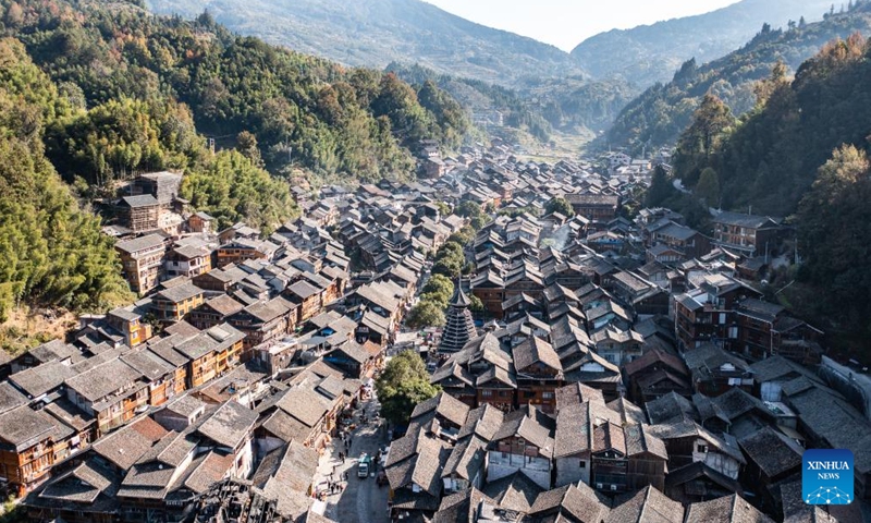 An aerial drone photo taken on Nov. 29, 2024 shows Zhaoxing Dong village in Liping County of Qiandongnan Miao and Dong Autonomous Prefecture, southwest China's Guizhou Province. Dongnian festival, a traditional festival for harvest and gathering, was enlisted as one of China's national intangible cultural heritages in 2011. (Photo: Xinhua)