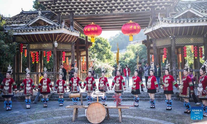 People of Dong ethnic group sing as they celebrate Dongnian festival in Zhaoxing Dong village of Liping County in Qiandongnan Miao and Dong Autonomous Prefecture, southwest China's Guizhou Province, Nov. 29, 2024. (Photo: Xinhua)