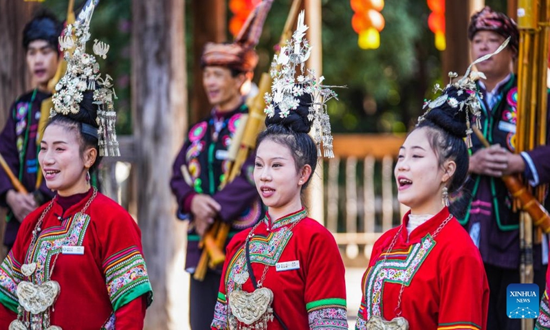 People of Dong ethnic group sing as they celebrate Dongnian festival in Zhaoxing Dong village of Liping County in Qiandongnan Miao and Dong Autonomous Prefecture, southwest China's Guizhou Province, Nov. 29, 2024. Dongnian festival, a traditional festival for harvest and gathering, was enlisted as one of China's national intangible cultural heritages in 2011. (Photo: Xinhua)