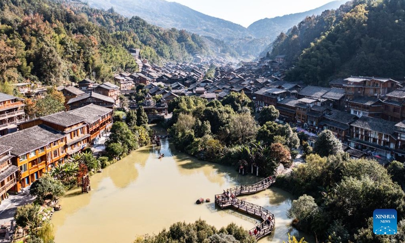 An aerial drone photo taken on Nov. 29, 2024 shows Zhaoxing Dong village in Liping County of Qiandongnan Miao and Dong Autonomous Prefecture, southwest China's Guizhou Province. Dongnian festival, a traditional festival for harvest and gathering, was enlisted as one of China's national intangible cultural heritages in 2011. (Photo: Xinhua)