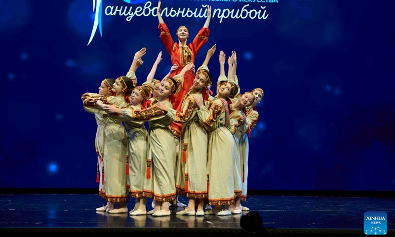 Dancers perform on stage during the 31st Far East Dance Competition in Vladivostok, Russia, Nov. 29, 2024. More than 200 groups from Russia's Far East region participated in the competition, showcasing various forms of dance, such as Russian traditional dance, ethnic dance, modern dance, etc.  (Photo: Xinhua)