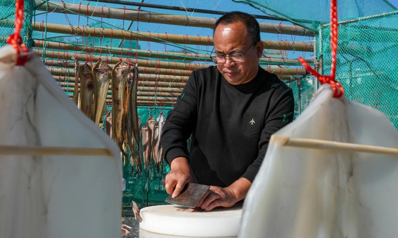 A villager slices dried eels before packing at Dong'ao Village in Wenzhou City, east China's Zhejiang Province, Nov. 27, 2024. (Photo: Xinhua)