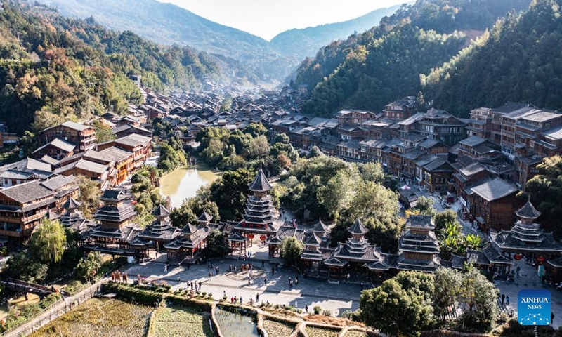 An aerial drone photo taken on Nov. 29, 2024 shows Zhaoxing Dong village in Liping County of Qiandongnan Miao and Dong Autonomous Prefecture, southwest China's Guizhou Province. Dongnian festival, a traditional festival for harvest and gathering, was enlisted as one of China's national intangible cultural heritages in 2011. (Photo: Xinhua)