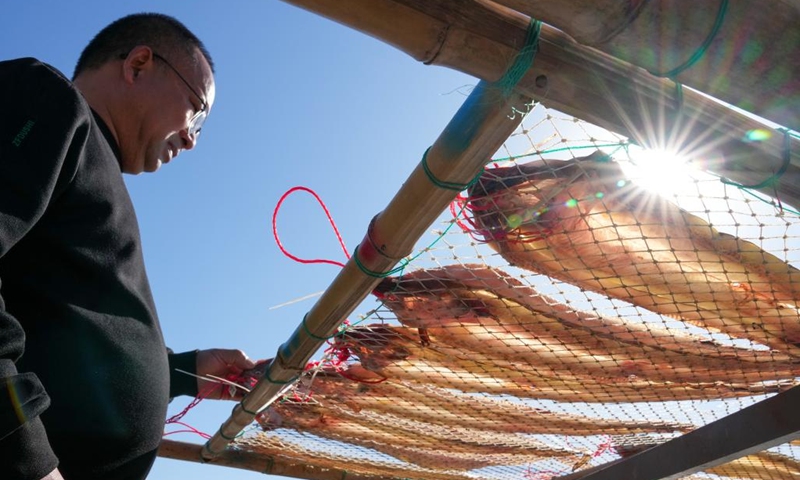 A villager checks eels being aired at Dong'ao Village in Wenzhou City, east China's Zhejiang Province, Nov. 27, 2024. (Photo: Xinhua)