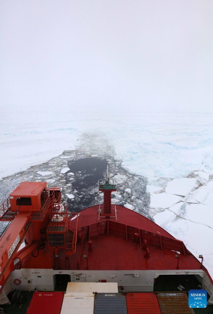 China's research icebreaker Xuelong 2 breaks the ice to lead the way, Nov. 29, 2024. Currently on China's 41st Antarctic expedition, research icebreakers Xuelong and Xuelong 2, or Snow Dragon and Snow Dragon 2, carried out icebreaking operations surrounding Zhongshan Station, a Chinese research base in Antarctica on Friday. The ships will begin unloading operations after reaching the designated anchoring position. (Xinhua/Huang Taoming)