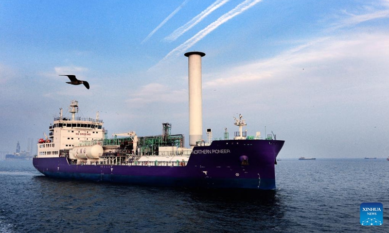 This undated photo shows Northern Pioneer, a 7,500-cubic-meter liquefied carbon dioxide (LCO2) carrier, conducting a trial trip in Dalian, northeast China's Liaoning Province. (Photo: Xinhua)