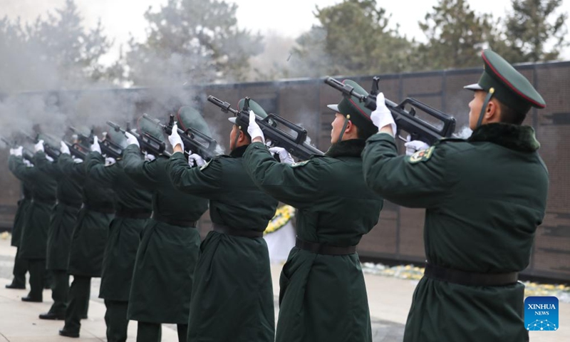 Soldiers fire a gun salute during a burial ceremony for the remains of the fallen Chinese People's Volunteers (CPV) martyrs at the CPV martyrs' cemetery in Shenyang, northeast China's Liaoning Province, Nov. 29, 2024.  (Xinhua/Li Gang)