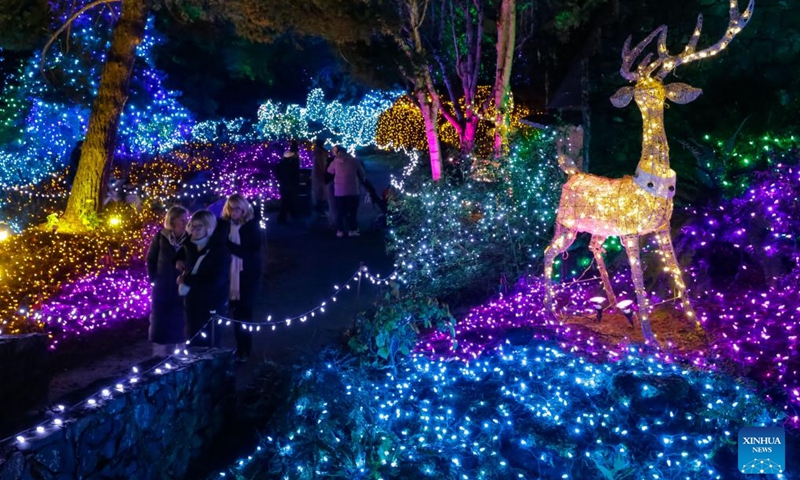 People enjoy light installations for the annual Festival of Lights event at VanDusen Botanical Garden in Vancouver, British Columbia, Canada, Nov. 29, 2024. The annual holiday tradition returned for its 40th anniversary and kicked off in Vancouver on Friday. Photo: Xinhua