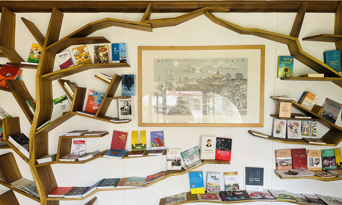 The book <em>Xi Jinping: The Governance of China</em>is displayed at the Belt and Road Bookstore in Kathmandu, Nepal. Photo: Courtesy of Kiran Gautam