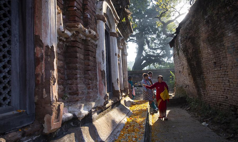 A woman scatters seven types of grains as a tradition to observe the Bala Chaturdashi festival on the premises of Pashupatinath Temple in Kathmandu, Nepal, Nov. 30, 2024. Photo: Xinhua