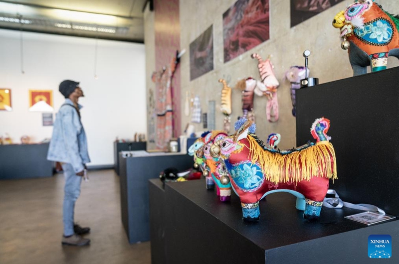 A visitor views the exhibits during the Belt and Road International Handicraft Art Exhibition at University of Johannesburg Art Gallery in Johannesburg, South Africa, Nov. 29, 2024. The first stop of the Belt and Road International Handicraft Art Exhibition, themed Dialogue with World Cultures, opened here on Friday. Photo: Xinhua