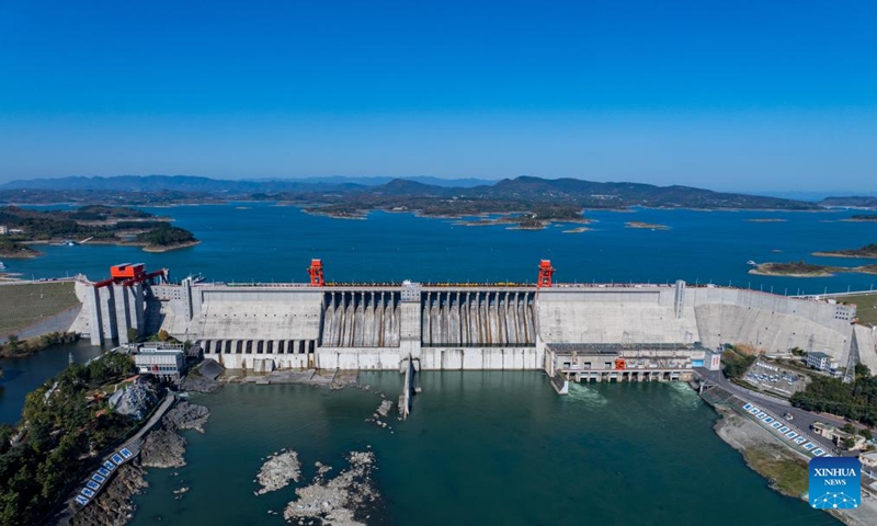 An aerial drone photo taken on Nov. 30, 2024 shows a view of the Danjiangkou Dam in central China's Hubei Province. Photo: Xinhua