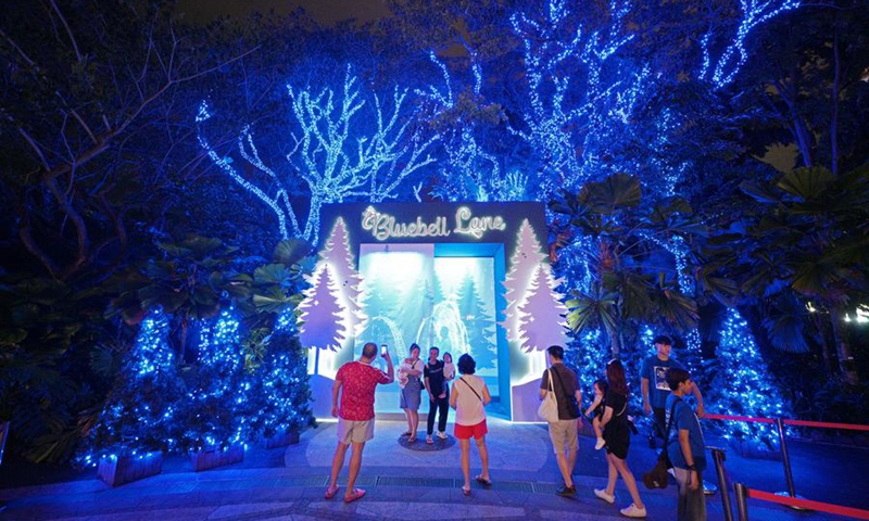 People take photos of Christmas Wonderland light decorations at Singapore's Gardens by the Bay on Dec. 1, 2024. Photo: Xinhua