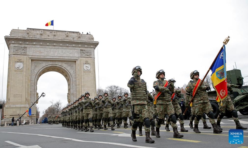 Soldiers march during a military parade celebrating Romania's National Day in Bucharest, Romania, on Dec. 1, 2024. Photo: Xinhua