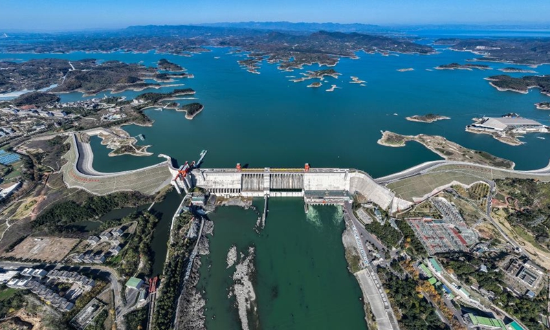 An aerial drone photo taken on Nov. 30, 2024 shows a view of the Danjiangkou Dam in central China's Hubei Province. China's South-to-North Water Diversion Project has three routes. The middle route, which is the most prominent one, begins at the Danjiangkou Reservoir in central China's Hubei Province and runs through Henan and Hebei before reaching Beijing and Tianjin. As an important source, the water quality of Danjiangkou Reservoir has been stable above the national class II standard for many years. The middle route of the project began supplying water on Dec. 12, 2014. In the past ten years, the route has transferred over 68 billion cubic meters of water, and has benefited over 100 million people in central China's Henan Province, north China's Hebei Province, north China's Tianjin and the capital Beijing. Photo: Xinhua