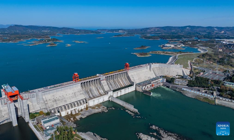 An aerial drone photo taken on Nov. 30, 2024 shows a view of the Danjiangkou Dam in central China's Hubei Province. Photo: Xinhua