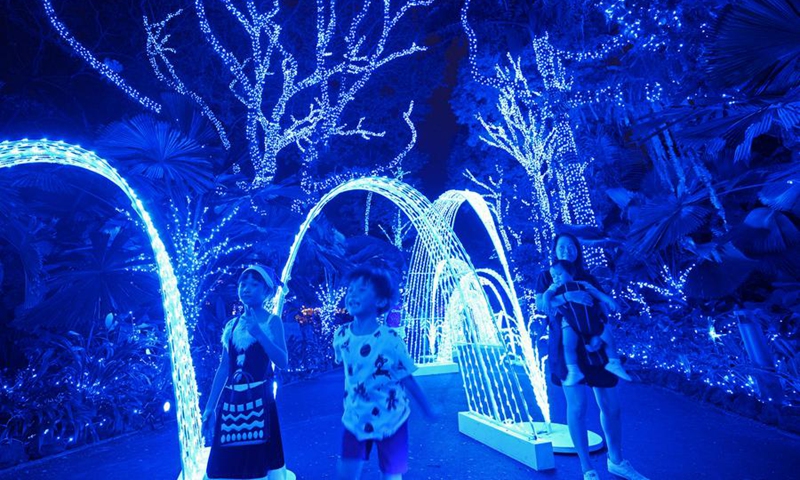 People enjoy Christmas Wonderland light decorations at Singapore's Gardens by the Bay on Dec. 1, 2024. Photo: Xinhua