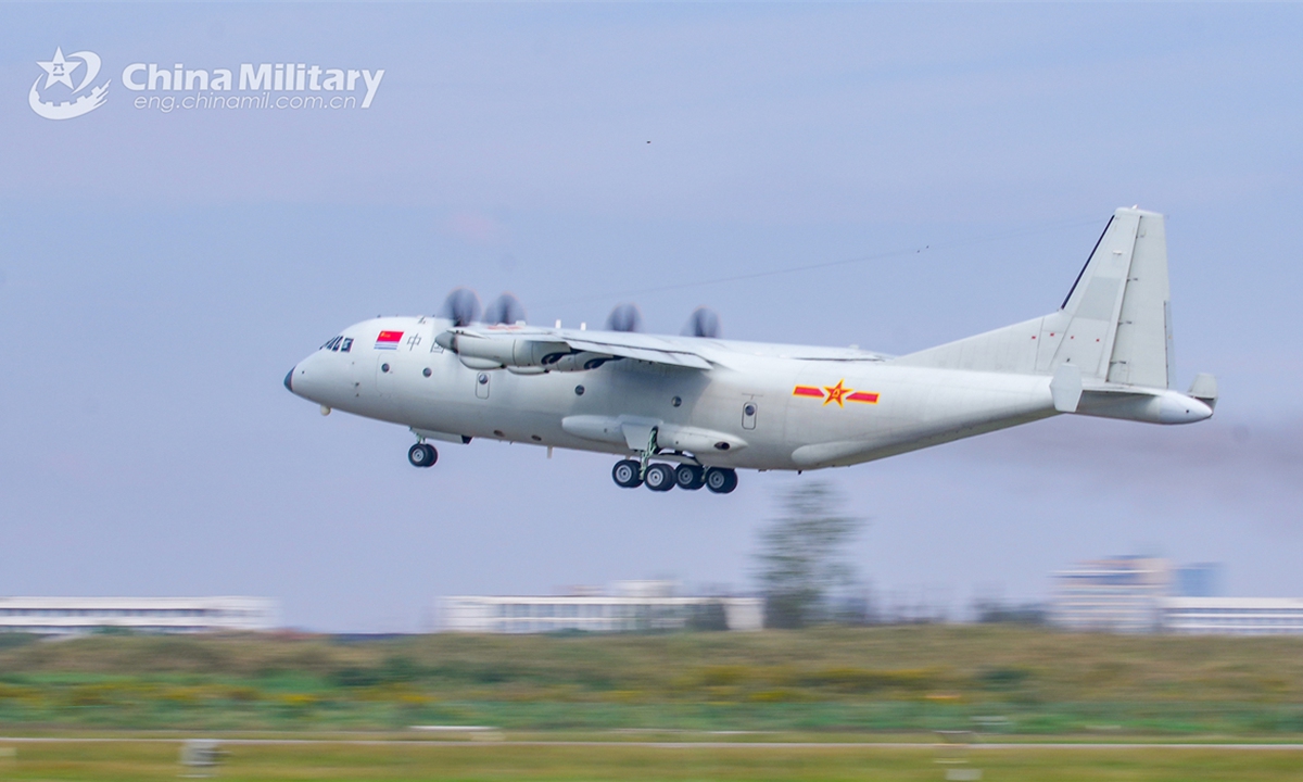 A Y-9 medium-lift transport aircraft attached to a naval aviation division under the Chinese PLA Eastern Theater Command takes off for flight training on November 4, 2024. (eng.chinamil.com.cn/Photo by Yu Mingzhe)