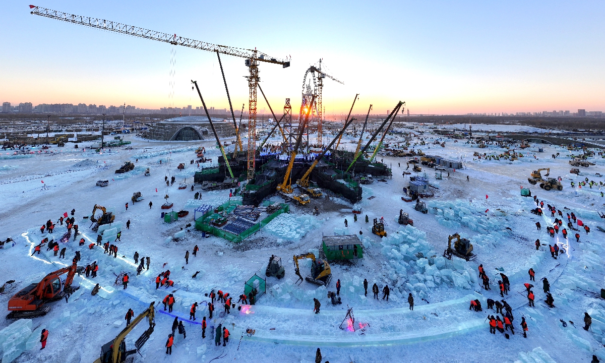 Workers are busy at the construction site of the 26th Harbin Ice-Snow World in Harbin, Northeast China's Heilongjiang Province, on December 2, 2024. According to Xinhua, the park will expand from 810,000 square meters to a massive 1 million square meters. The amount of ice and snow used will also increase to 300,000 cubic meters, further enhancing its scale and grandeur. Photo: VCG