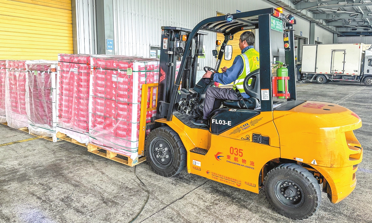 A logistics worker transports imported Chilean cherries by forklift at Shanghai Pudong International Airport on November 20, 2024. Photo: Courtesy of China Eastern Airlines