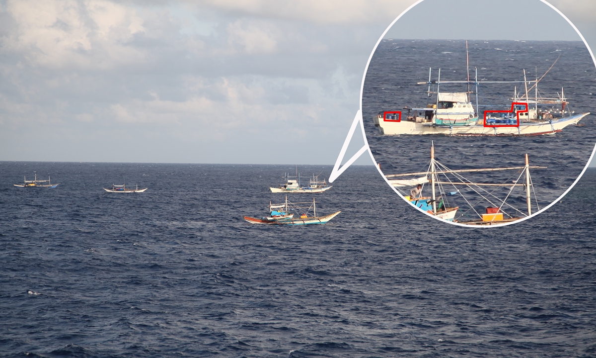 Led by a mothership apparently carrying barrels of fresh water and fuel, a group of Philippine fishing ships attempt to conduct right-infringing activities in waters around China's Houteng Jiao in the South China Sea under the pretext of fishing in November 2024. Photo: Courtesy of the China Coast Guard