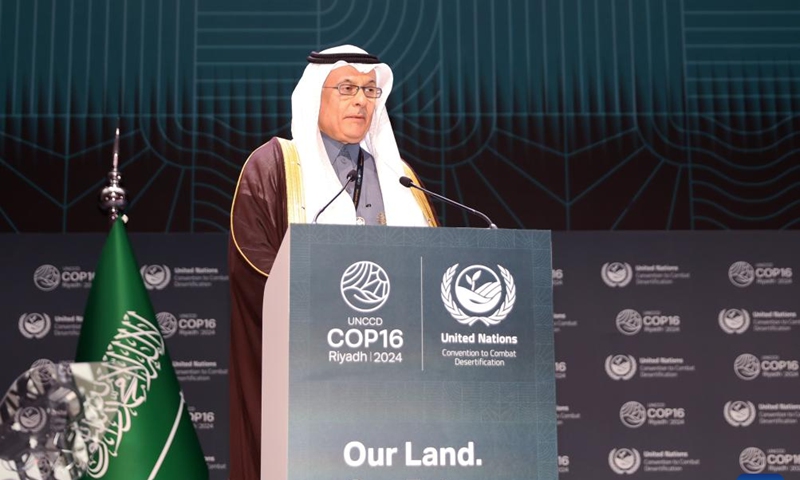 Saudi Minister of Environment, Water and Agriculture Abdulrahman Abdulmohsen AlFadley speaks at the opening ceremony of the 16th Conference of the Parties (COP16) to the United Nations Convention to Combat Desertification (UNCCD) in Riyadh, Saudi Arabia, Dec. 2, 2024. (Photo: Xinhua)