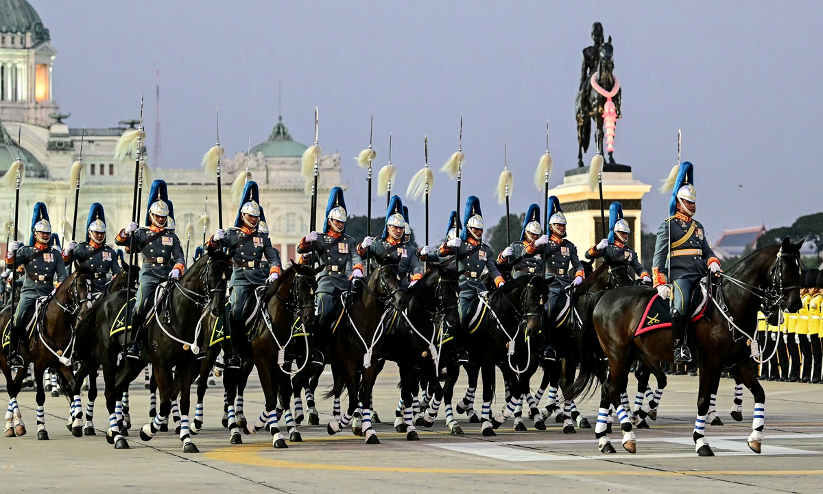 Thai Royal Guards take part in a Trooping the Color parade and oath-giving ceremony to mark the 72nd birthday celebrations of Thailand's King Maha Vajiralongkorn at Dusit Palace in Bangkok on December 3, 2024. The ceremony is the first Trooping the Color and associated oath-giving in 16 years. Photo: AFP