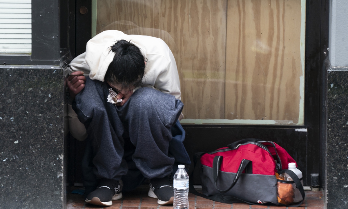 A person smokes fentanyl-laced drugs in downtown Portland, the US, on April 12, 2023. Photo: VCG 