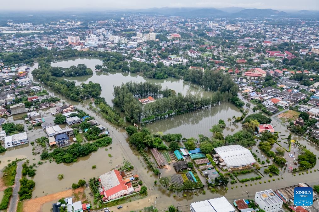 An aerial drone photo taken on Nov. 30, 2024 shows a flood-affected area in Yala Province, Thailand. The death toll from severe flooding in southern Thailand has risen to 25, with six provinces remaining inundated as water levels gradually receded, the Department of Disaster Prevention and Mitigation reported on Tuesday. Over 664,000 households in 10 provinces have been affected by heavy rainfall and flash floods since Nov. 22, and nearly 29,000 people have been evacuated to temporary shelters, the department said in a statement. (Photo: Xinhua)