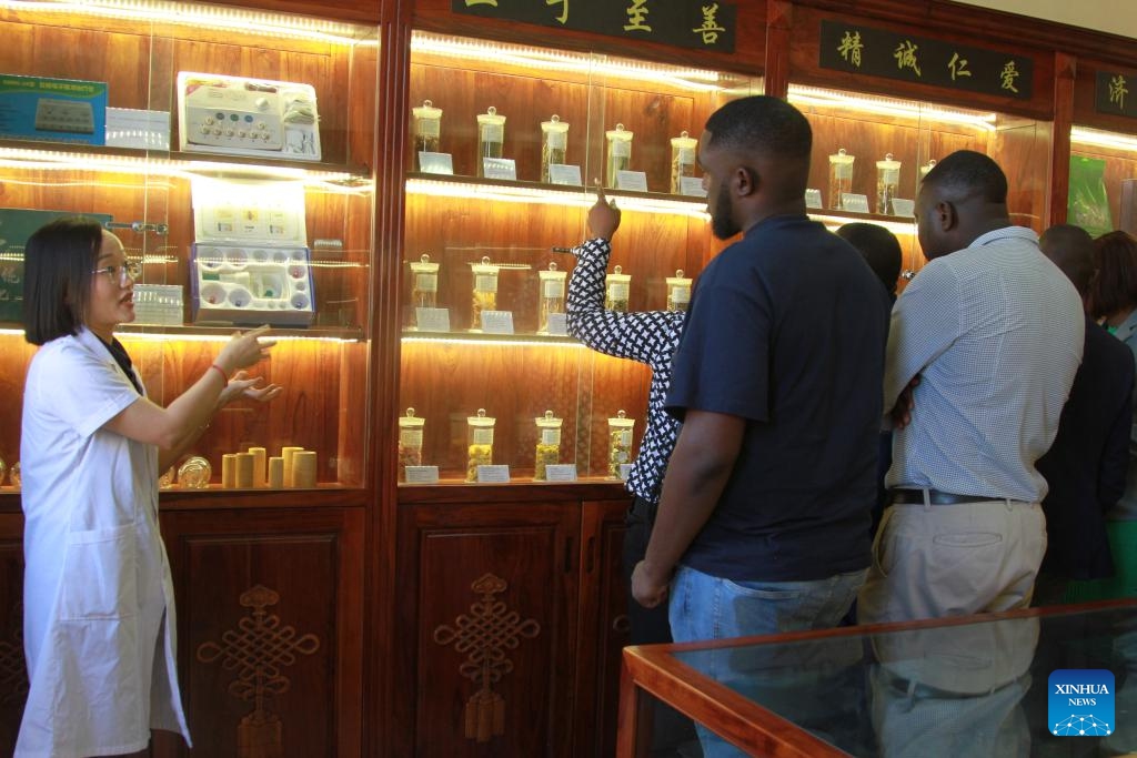 A Chinese doctor shows visitors a variety of traditional Chinese medicine at the Zimbabwe-China Traditional Chinese medicine (TCM) and Acupuncture Center in Harare, Zimbabwe, on Dec. 2, 2024. (Photo: Xinhua)