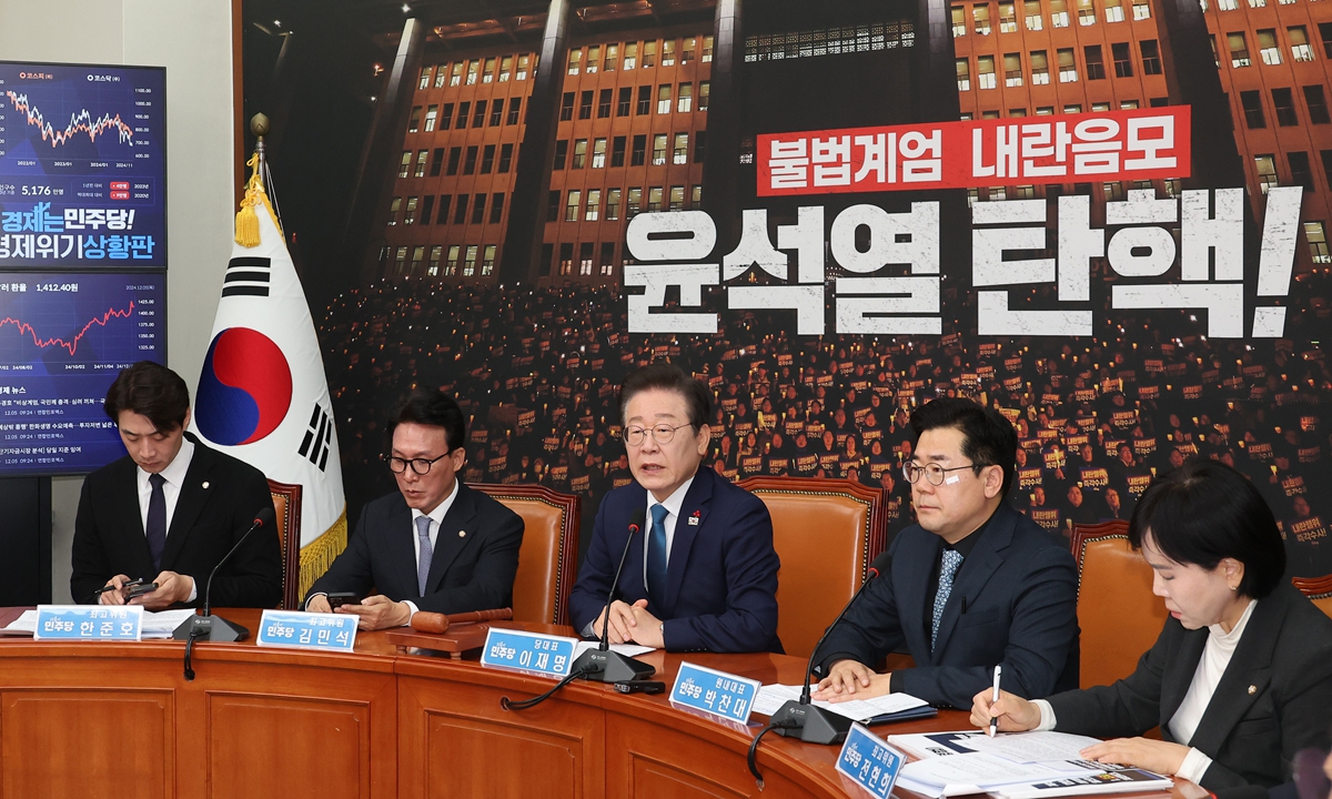 Lee Jae-myung (center), head of South Korea's main opposition party Democratic Party of Korea (DP), speaks at a Supreme Council meeting at the National Assembly in Seoul, on December 5, 2024. DP said on the day that it would push for a vote on President Yoon Suk-yeol's impeachment in a plenary parliamentary session on December 7. Photo: VCG