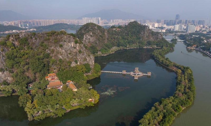 An aerial drone photo taken on Dec. 2, 2024 shows a view of the Qixingyan scenic spot of the Xinghu Scenic Area in Zhaoqing, south China's Guangdong Province. Xinghu is a national 5A-level scenic area, noted for its natural scenery, rich cliff inscriptions since the Tang Dynasty (618-907), and a variety of rare plants and animals. Photo: Xinhua