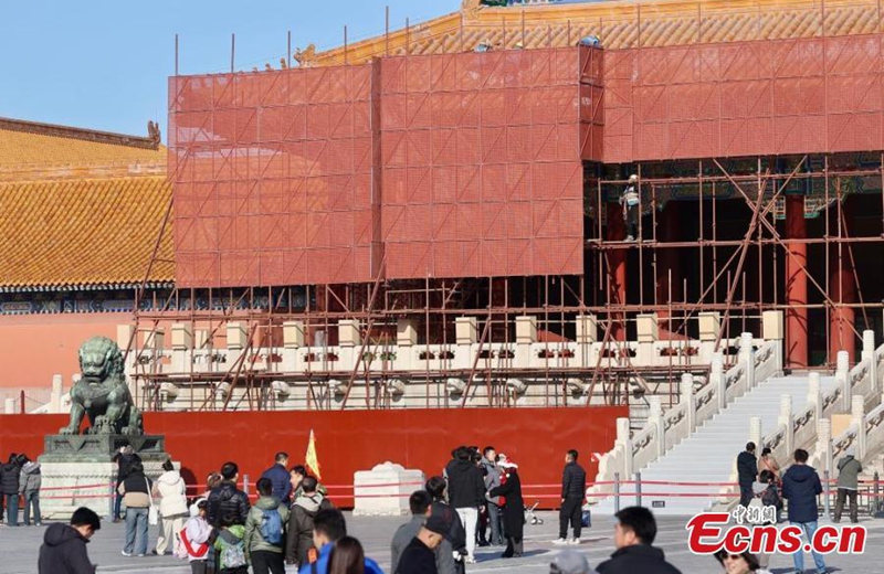 Construction workers restore Taihe Gate (The Gate of Supreme Harmony), the main gate of the palace outside the Palace Museum, in Beijing, Dec. 4, 2024. Photo: China News Service 