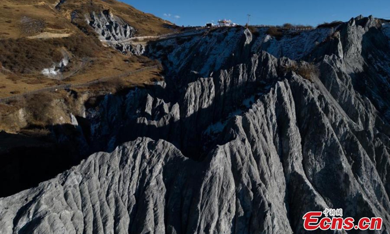 Aerial view of a rock forest in Moshi Park, Ganzi Tibetan Autonomous Prefecture, southwest China's Sichuan Province, Dec. 3, 2024. Known as the Bermuda Triangle of Chinese Geology, Moshi Park has gained popularity with its unparalleled geologic formations of mylonitic rocks. Spanning 4.8 square kilometers at an altitude of about 3,500 meters, the park brings visitors into the world of an exotic planet. Photo: China News Service


