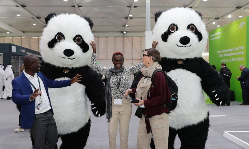 People visit the China Pavilion during the 16th Conference of the Parties (COP16) to the United Nations Convention to Combat Desertification (UNCCD) in Riyadh, Saudi Arabia, on Dec. 2, 2024. Covering more than 600 square meters, the China Pavilion is the second-largest national pavilion at the event. Its exhibition, themed Cross-Century Green Great Wall, China's Restoration in Action, showcases the nation's battle against desertification, particularly through the Three-North Shelter Forest Program, a major national initiative aimed at reversing land desertification. Photo: Xinhua