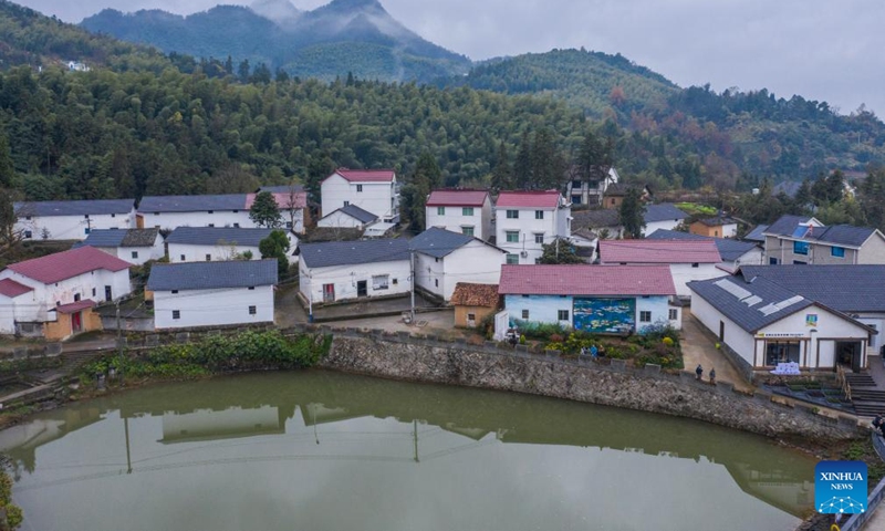 An aerial drone photo taken on Dec. 6, 2024 shows a view of the Changling Village of Jiande City in east China's Zhejiang Province. An art exhibition, presenting more than 50 rural-themed watercolor paintings, opened in Changling Village on Friday. (Photo: Xinhua)