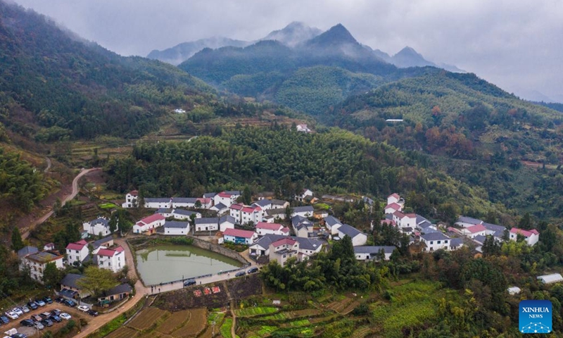 An aerial drone photo taken on Dec. 6, 2024 shows a view of the Changling Village of Jiande City in east China's Zhejiang Province. An art exhibition, presenting more than 50 rural-themed watercolor paintings, opened in Changling Village on Friday. (Photo: Xinhua)