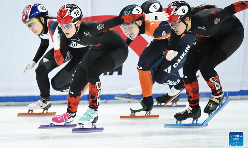 Danae Blais (front L) of Canada competes during the women's 1000m final race at the ISU Short Track World Tour in Beijing, capital of China, on Dec. 7, 2024. Photo: Xinhua