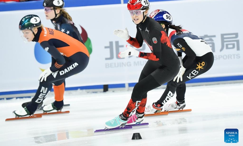 Danae Blais (front R) of Canada reacts during the women's 1000m final race at the ISU Short Track World Tour in Beijing, capital of China, on Dec. 7, 2024. Photo: Xinhua