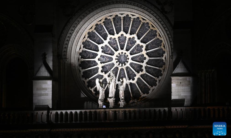 This photo taken on Dec. 7, 2024 shows a part of the restored Notre-Dame de Paris cathedral during a grand inauguration ceremony in Paris, France. Five years after being devastated by a fire, the restored Notre-Dame de Paris cathedral officially reopened on Saturday with a grand inauguration ceremony attended by world leaders, believers, and non-believers alike. Photo: Xinhua