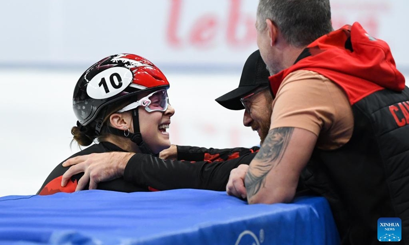 Danae Blais (L) of Canada celebrates after winning the women's 1000m final race at the ISU Short Track World Tour in Beijing, capital of China, on Dec. 7, 2024. Photo: Xinhua