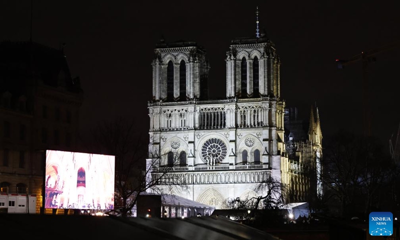 This photo taken on Dec. 7, 2024 shows the restored Notre-Dame de Paris cathedral during a grand inauguration ceremony in Paris, France. Five years after being devastated by a fire, the restored Notre-Dame de Paris cathedral officially reopened on Saturday with a grand inauguration ceremony attended by world leaders, believers, and non-believers alike. Photo: Xinhua