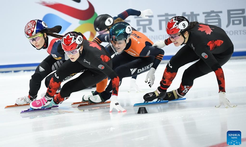 Danae Blais (2nd L) of Canada, Choi Minjeong (1st L) of South Korea and Xandra Velzeboer (2nd R) of the Netherlands compete during the women's 1000m final race at the ISU Short Track World Tour in Beijing, capital of China, on Dec. 7, 2024. Photo: Xinhua