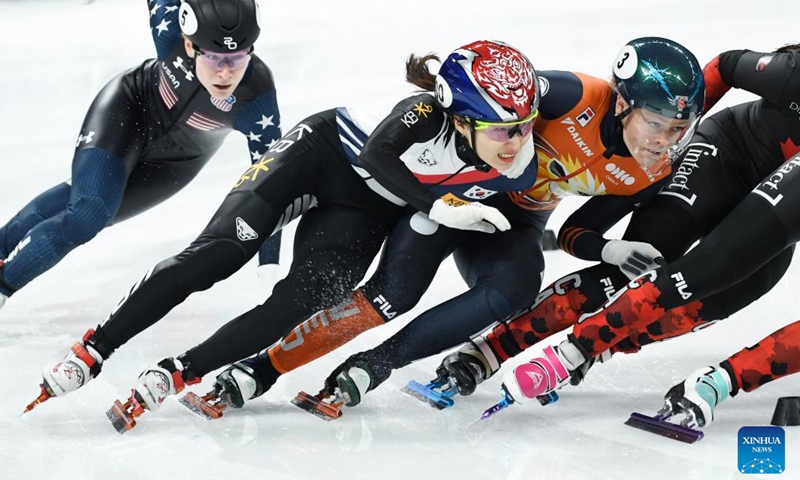 Choi Minjeong (2nd L) of South Korea and Xandra Velzeboer (3rd L) of the Netherlands compete during the women's 1000m final race at the ISU Short Track World Tour in Beijing, capital of China, on Dec. 7, 2024. Photo: Xinhua