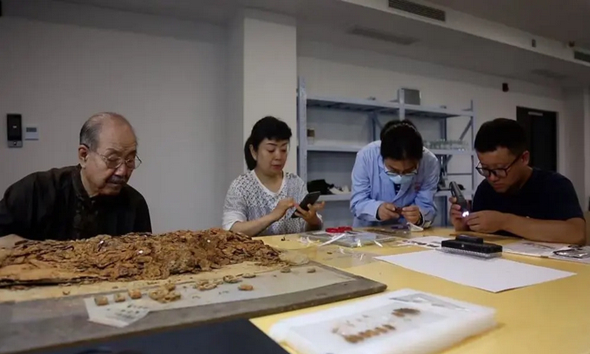 Armor restoration expert Bai Rongjin (first from left) observes the armor pieces unearthed from tomb of the Marquis of Haihun