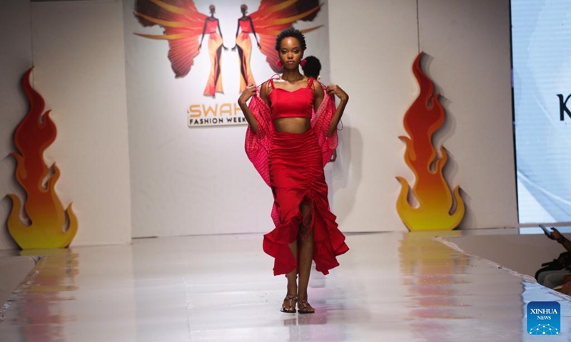 A model presents a creation during the 17th Swahili Fashion Week in Dar es Salaam, Tanzania, Dec. 6, 2024. Swahili Fashion Week, the annual fashion event in Africa, kicked off in Tanzania's port city of Dar es Salaam on Friday night. Photo: Xinhua