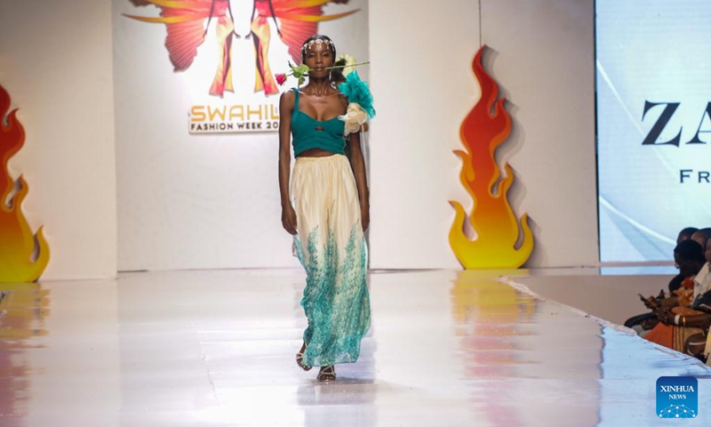 A model presents a creation during the 17th Swahili Fashion Week in Dar es Salaam, Tanzania, Dec. 6, 2024. Swahili Fashion Week, the annual fashion event in Africa, kicked off in Tanzania's port city of Dar es Salaam on Friday night. Photo: Xinhua